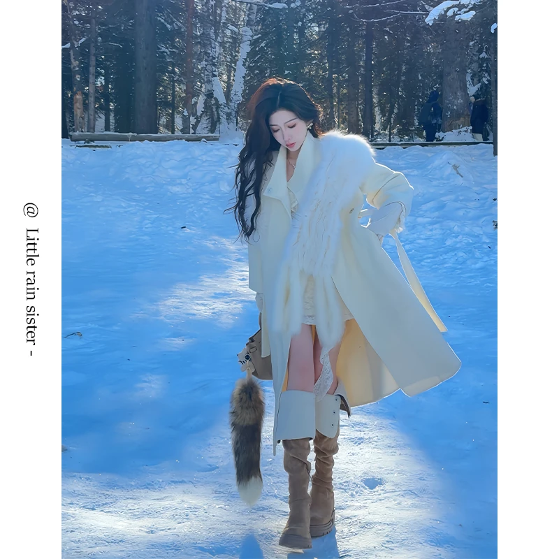 小雨姐姐新款【雪宝大衣】高级感毛毛拼接可拆卸中长款呢子大衣