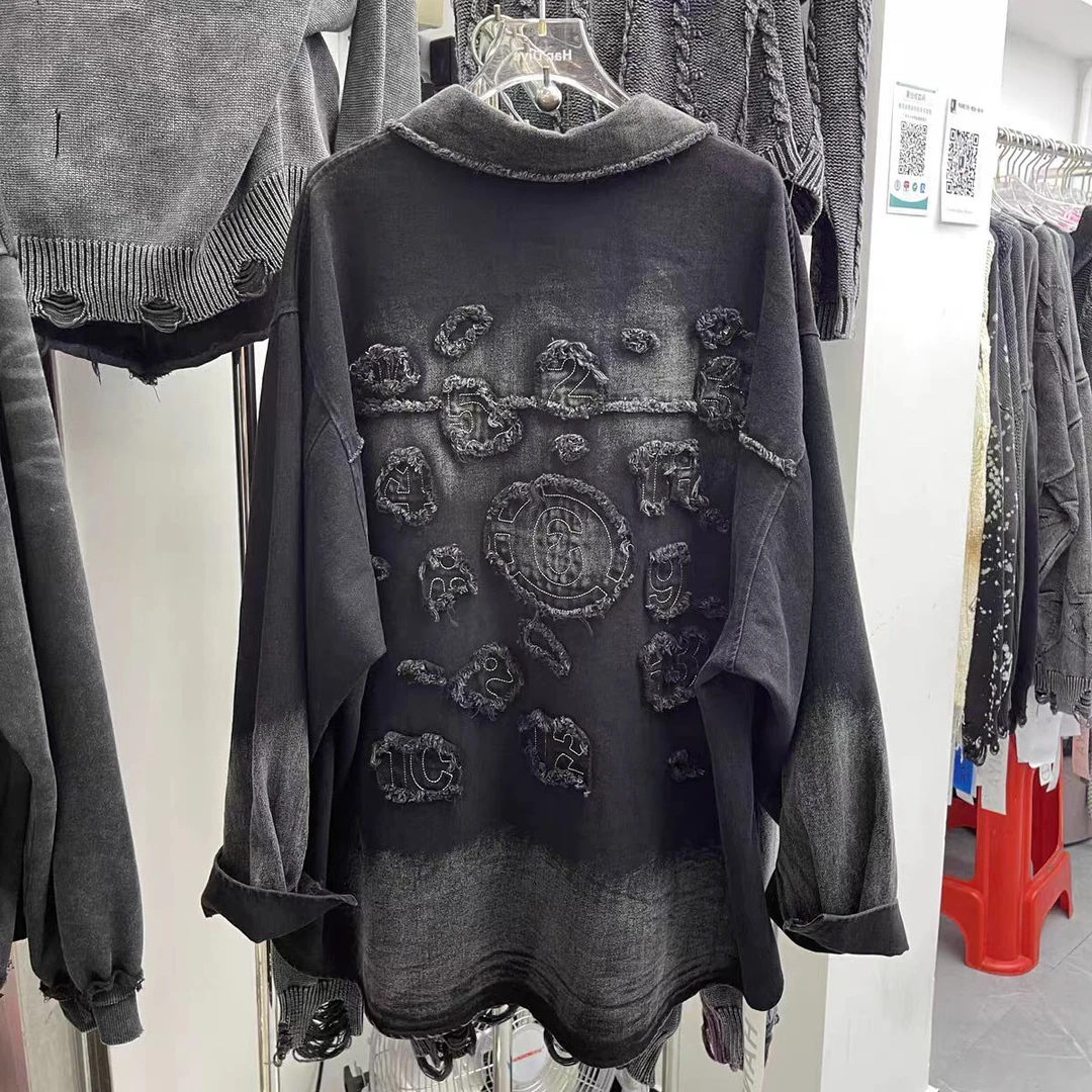 欧货洗水做旧复古刺绣字母牛仔衬衣女早春新品慵懒休闲上衣外套