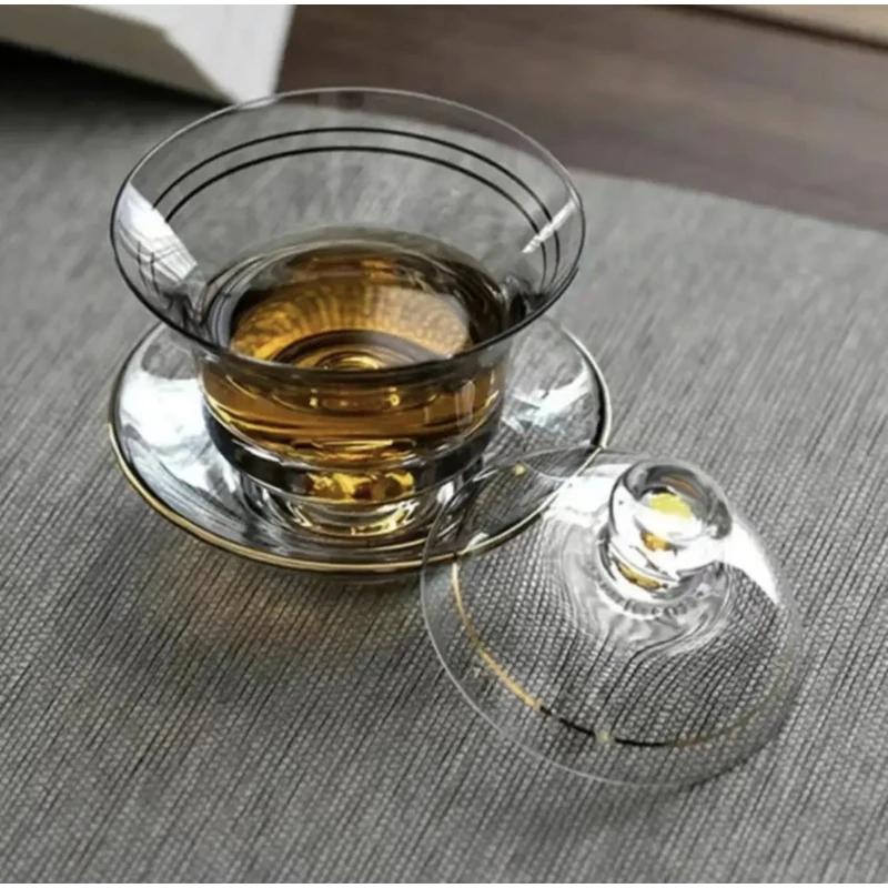 高端水晶玻璃烟灰色三才盖碗@@004216