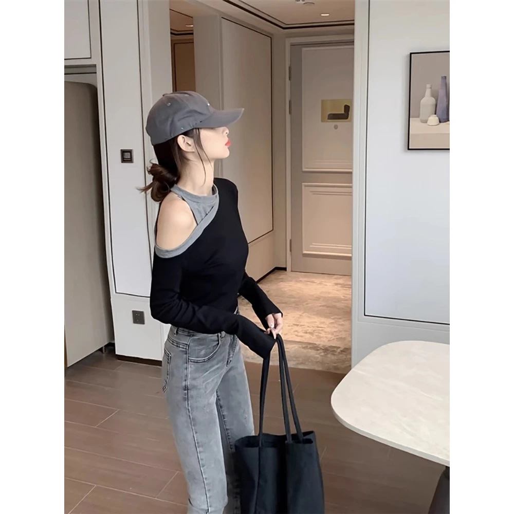 潮牌性感露肩长袖T恤女早秋季欧货设计感拼色纯欲风内搭显瘦上衣