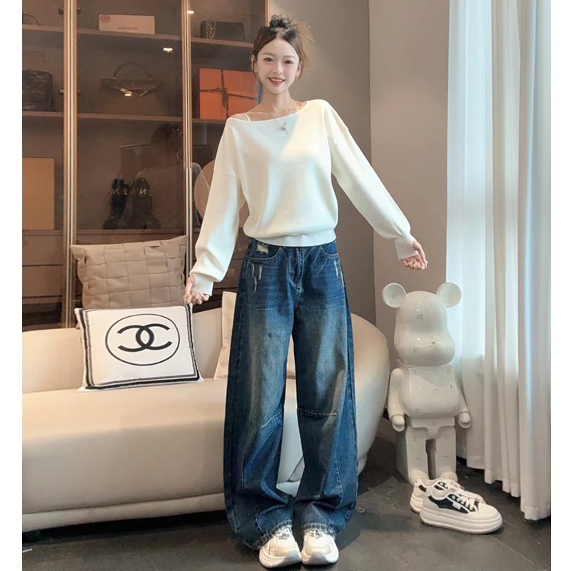 牛仔弯刀裤新款潮酷宽松2025早秋弯刀裤垂感高腰阔腿牛仔裤女