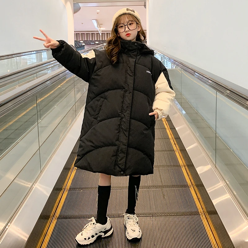 女童棉袄冬装加厚保暖2024新款中大童洋气中长款休闲拼色棉服上衣