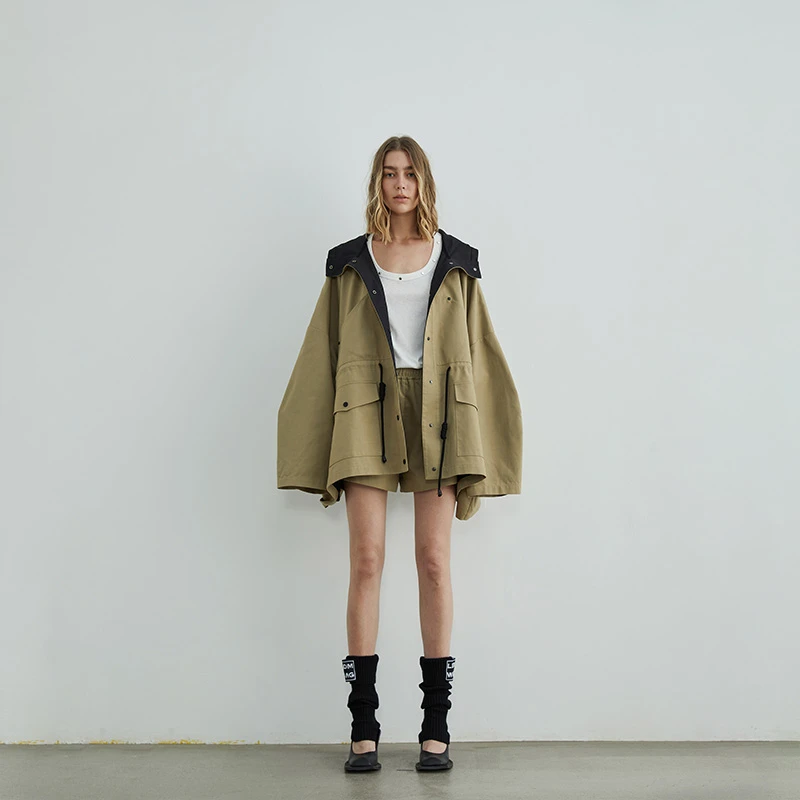 LEDIM WANG双面双色连帽阔版风衣/短裤