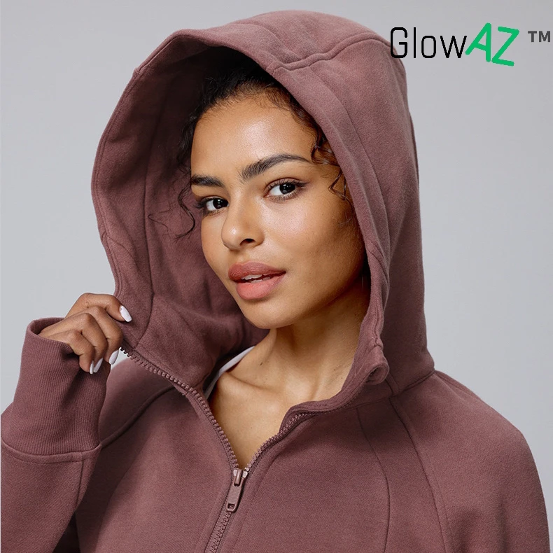 GlowAZ秋冬加绒连帽拉链运动外套女Scuba长袖户外运动健身瑜伽服