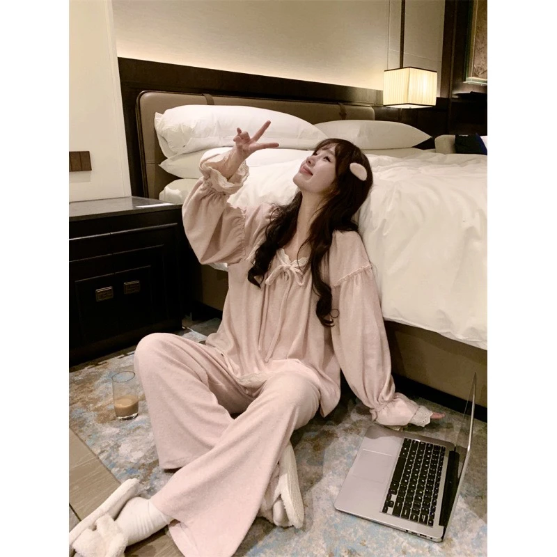 【毛茸茸】秋冬季毛巾绒睡衣女蕾丝花边法式甜美长袖家居服套装高级