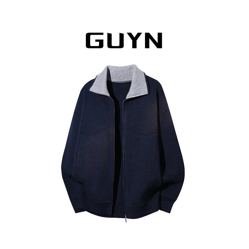 【品牌正品现货】GUYN针织衫外套男秋冬翻领拉链开衫宽松休闲毛线衣