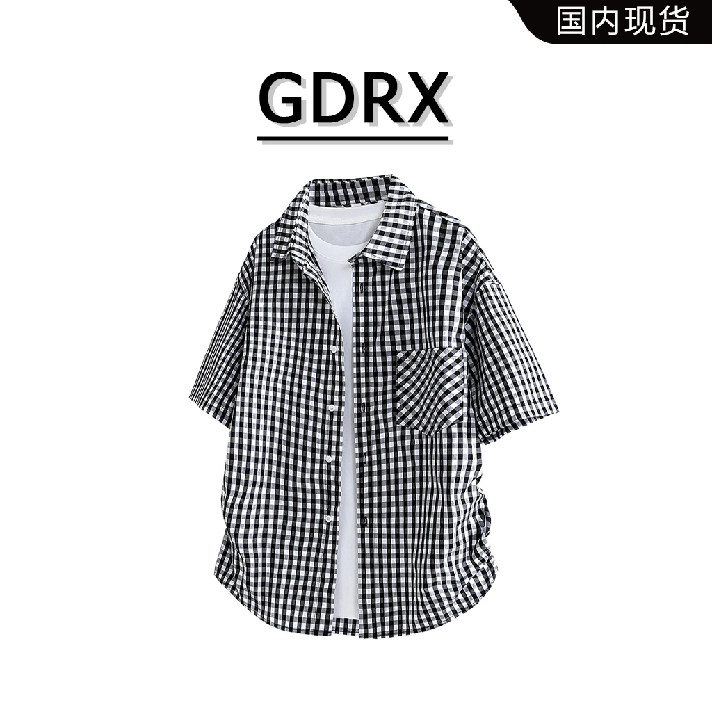 GDRX港风纯棉条纹薄款格子衬衫2025夏季新款男士休闲宽松时尚衬衣