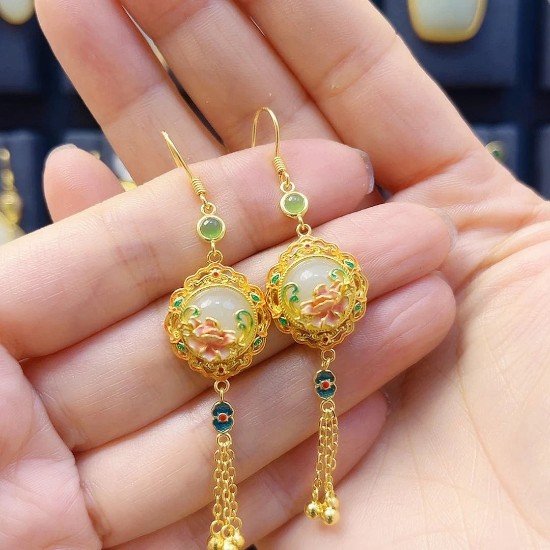 和田玉银S925镀金镶嵌耳饰