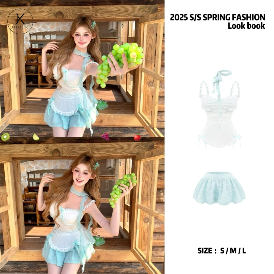 JOY KIKI鹅了么【富士山下】薄荷漫波风夏日多巴胺蕾丝套装J25B128
