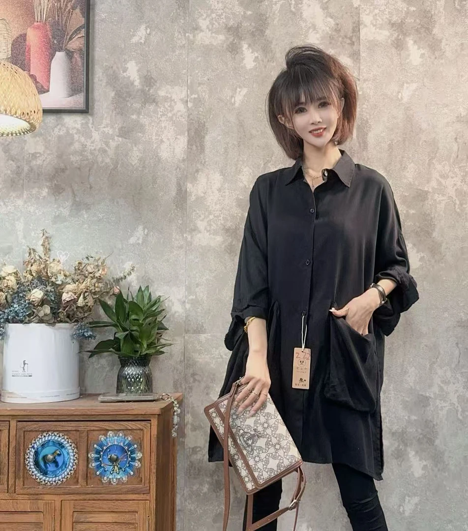 【沐木流浪记】（星辰）新款纯色显瘦黑色翻领大板斜口袋女衬衫Z 21