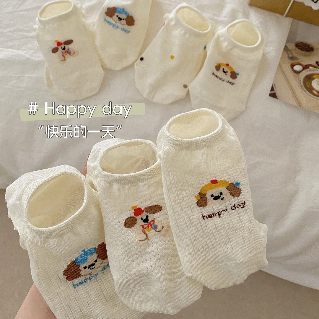 卡通小狗波点袜子女夏季薄棉透气网眼隐形船袜防滑不掉跟甜美百搭
