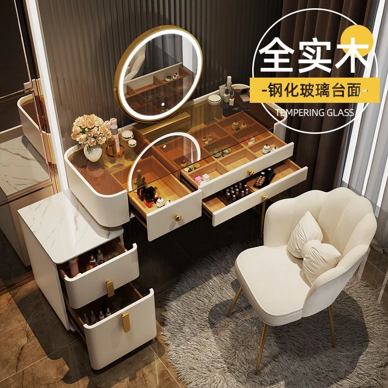 全实木梳妆台轻奢高级感收纳柜一体卧室现代简约岩板玻璃化妆桌