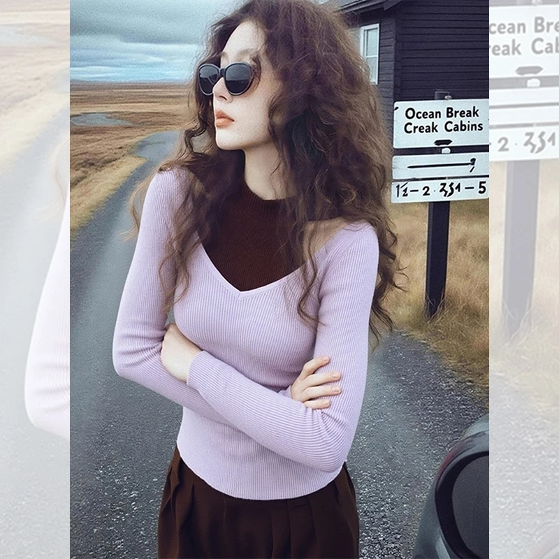 独特漂亮紫色镂空小衫设计小众衣服内搭针织衫洋气高贵上衣女秋冬