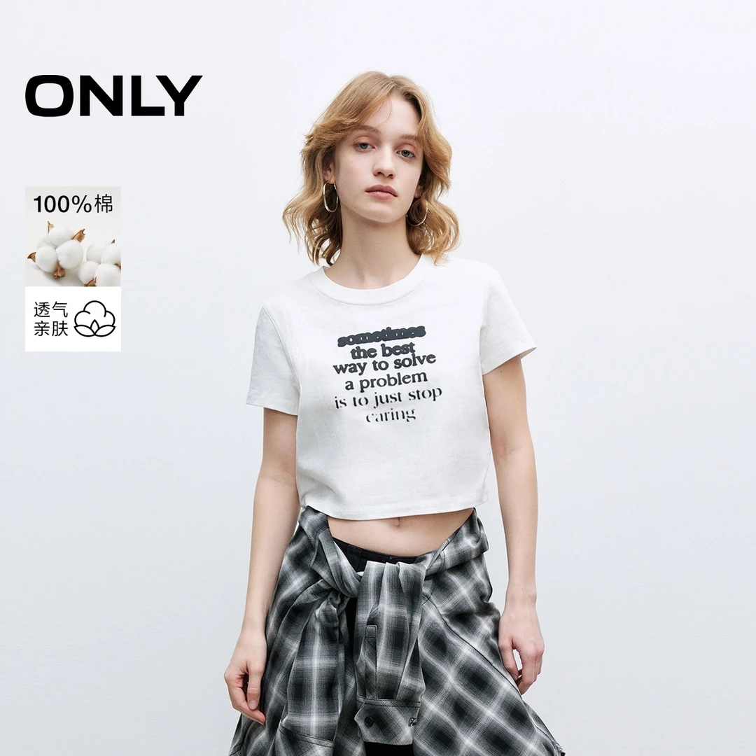 ONLY2025春游出行个性字母印花圆领短款正肩短袖T恤女|125101114