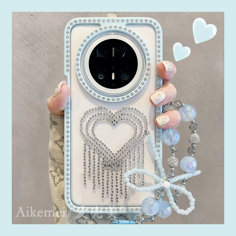 适用华为mate70pro+手机壳透明镶钻边框mate60pro+立体爱心链条女