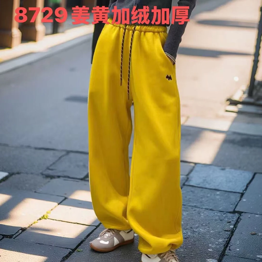 加绒加厚小狗刺绣彩色高腰直筒抽绳女士运动卫裤