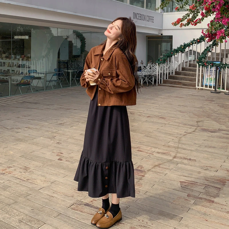 复古灯芯绒套装裙女2025春秋新款氛围感气质显瘦夹克吊带裙两件套