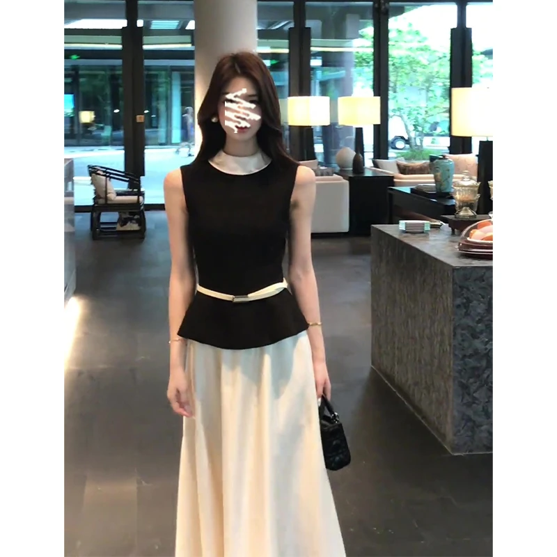 2025夏季新款法式气质撞色收腰修身无袖上衣百搭高腰显瘦半身裙