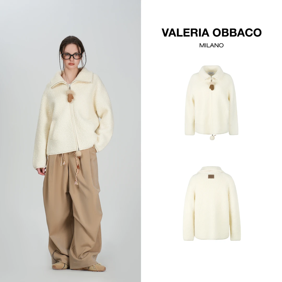 VALERIAOBBACO/瓦莱丽娅 奥贝科时尚冬季休闲白色绵羊毛慵懒开衫