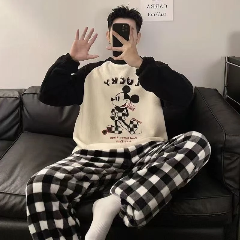 男士睡衣秋冬季加厚加绒卡通圆领珊瑚绒可外穿保暖家居服两件套