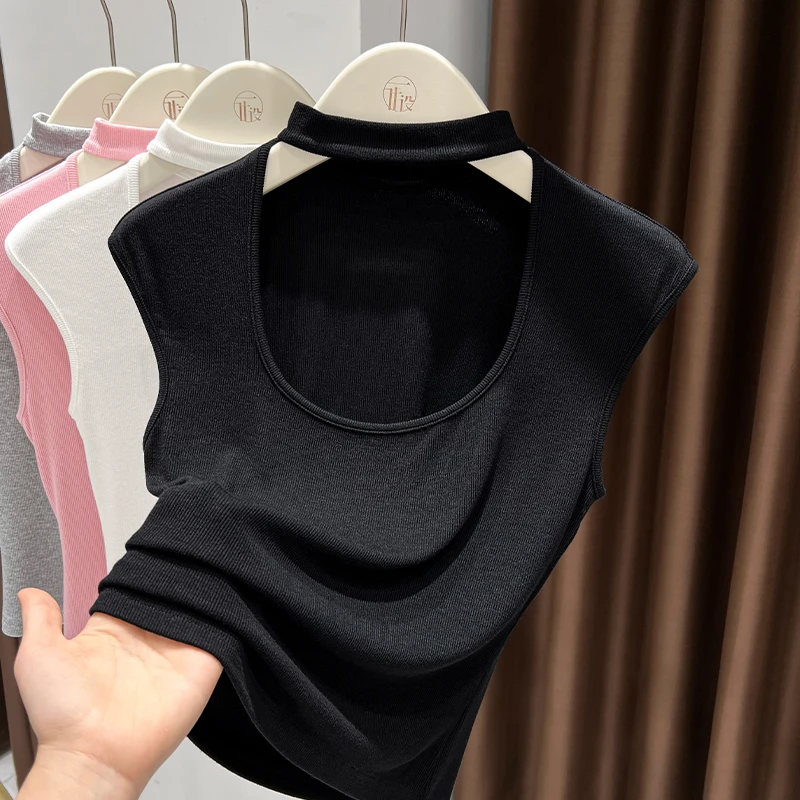 黑色挂脖方领飞飞袖打底衫女夏季薄款修身显瘦t恤设计感百搭上衣