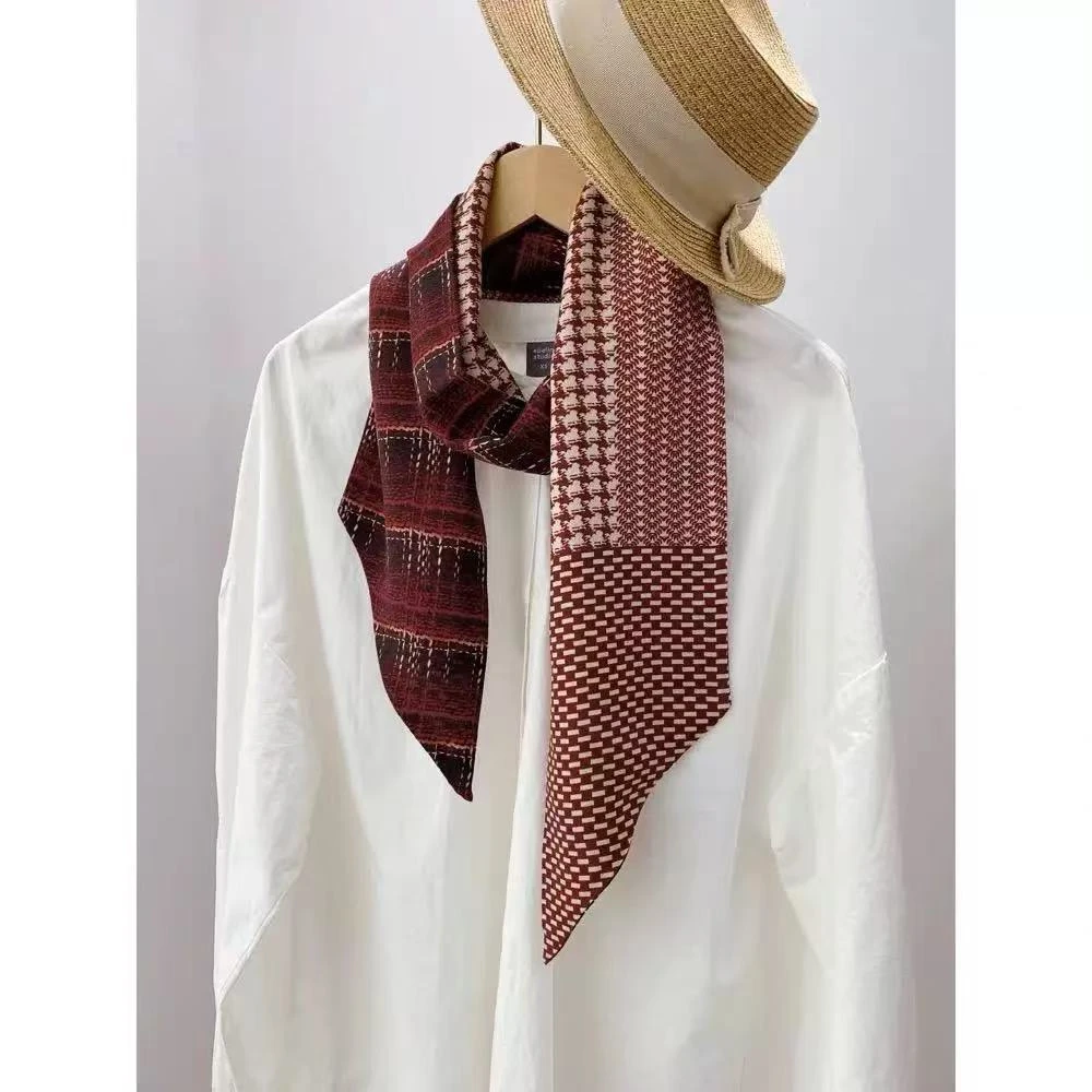 100%桑蚕丝【红色山茶香风】150x16cm长飘带双层斜角真丝丝巾G696