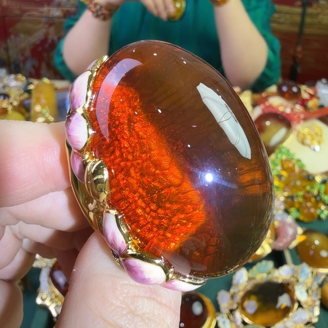 琥珀银S925镀金镶嵌戒指