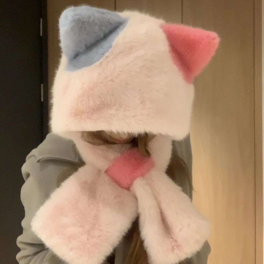 三脚猫软糯丝滑环保皮草帽子不掉毛秋冬帽子围巾一体两件套