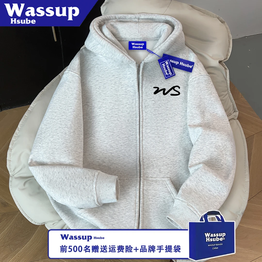 WASSUP HSUBE潮流简约艺术几何宽松情侣拉链印花长袖秋冬连帽上衣