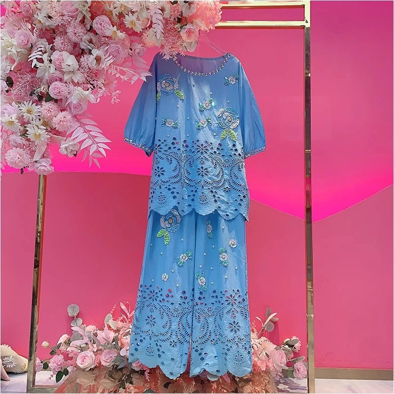 A2391欧美设计师2025夏季新款重工钉钻刺绣亮片花朵镂空时尚套装