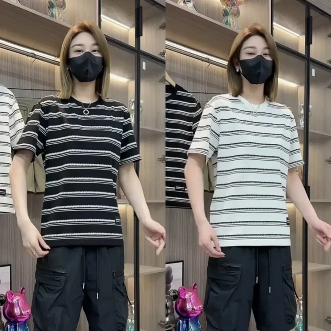 2025年夏季条纹圆领短袖T恤上衣男士时尚休闲潮流百搭透气半袖ins