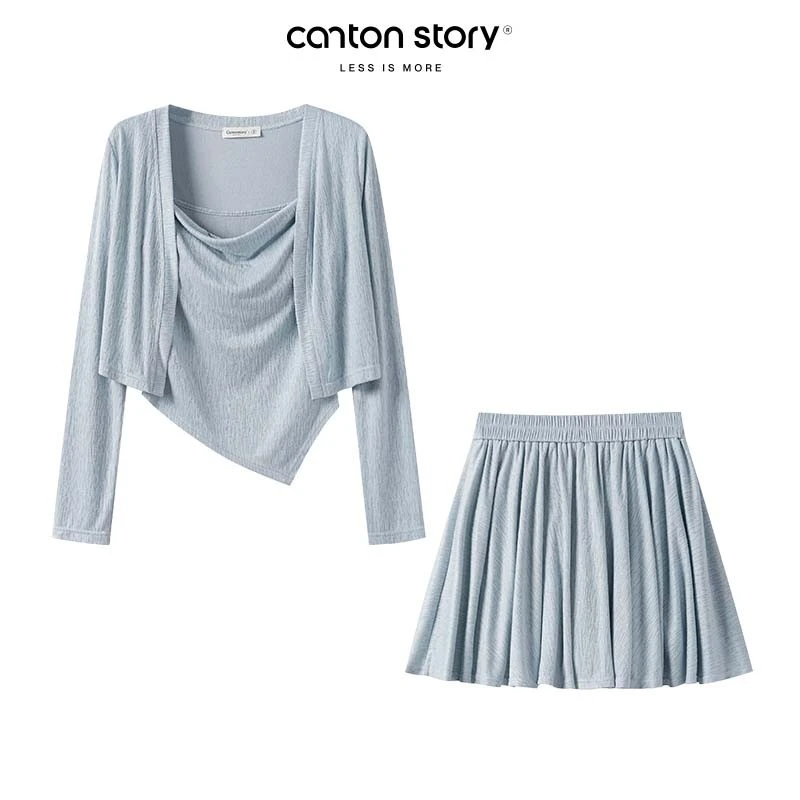 羊城故事-蓝色显白长袖开衫吊带短裙三件套遮肉显瘦套装Y50348564