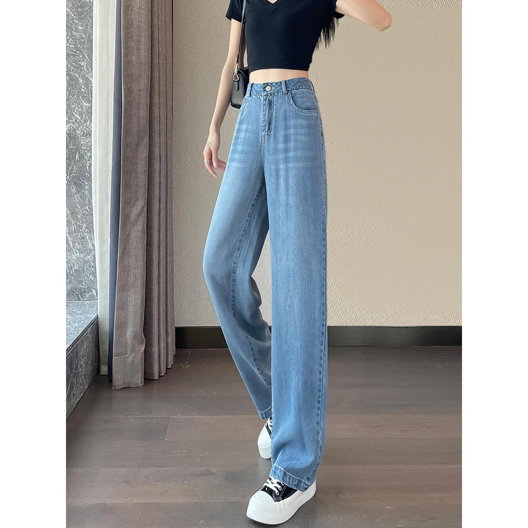 莱赛尔牛仔裤女夏季薄款2025新款高腰宽松休闲窄版直筒阔腿裤舒适