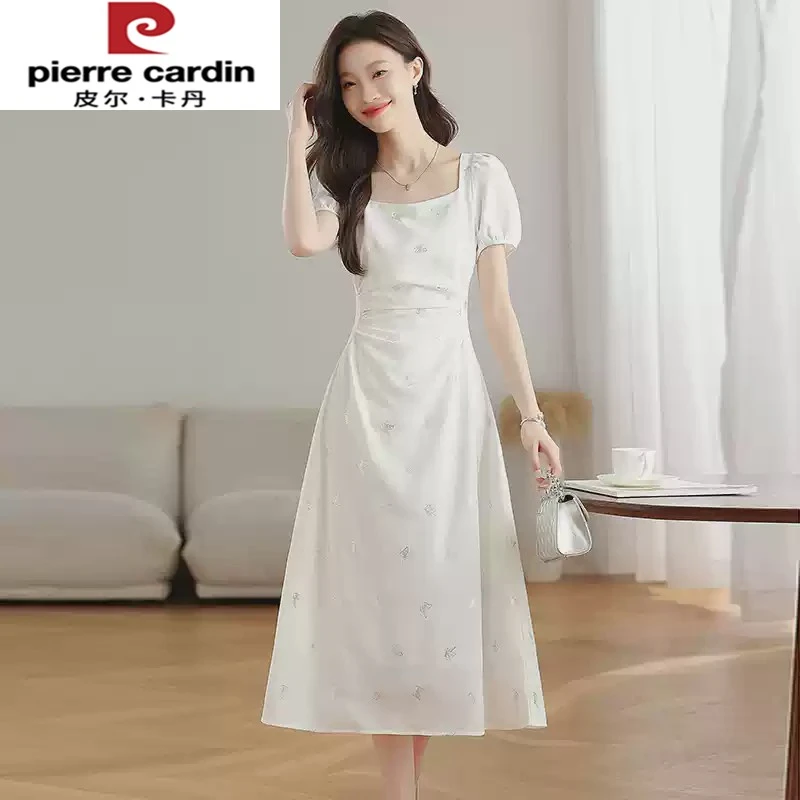 皮尔卡丹白色冰丝雪纺方领连衣裙新款今年流行爆款夏御姐轻熟风裙