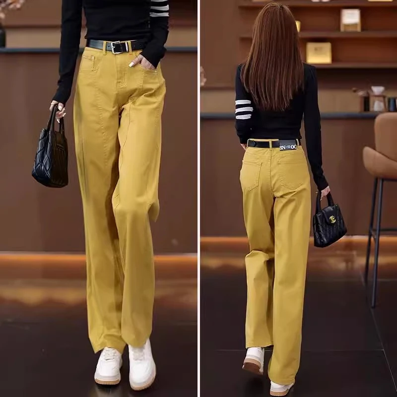 黄色窄版弯刀爆款阔腿牛仔裤女2025年春秋新款高腰显瘦直筒香蕉裤