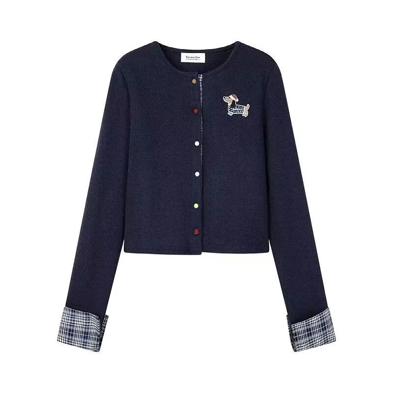 2025春秋季韩版刺绣小狗单排彩扣长袖t恤女外套拼接假两件上衣女