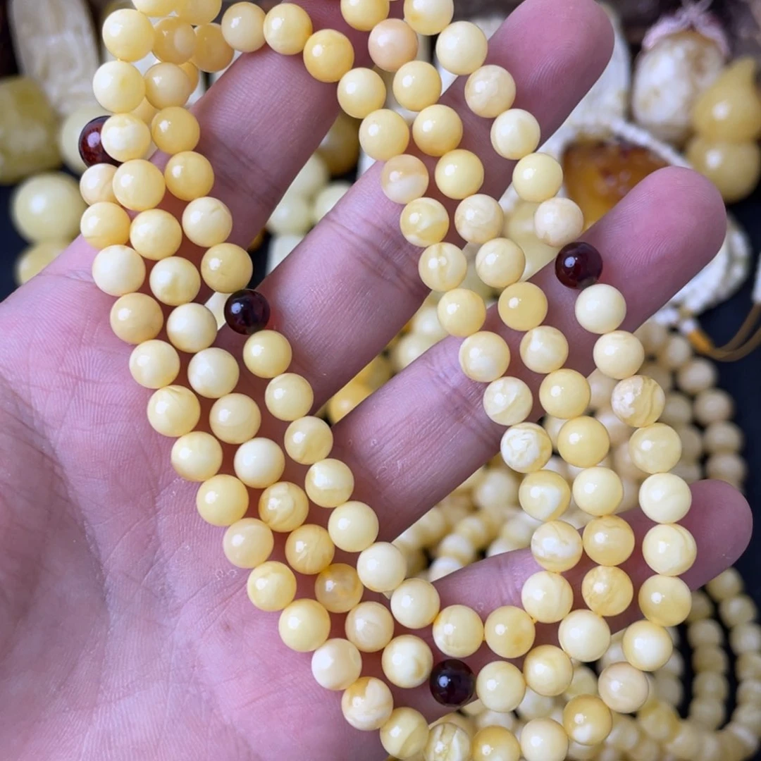 未镶嵌项链琥珀7+俄料浓蜡妖白花圆珠108