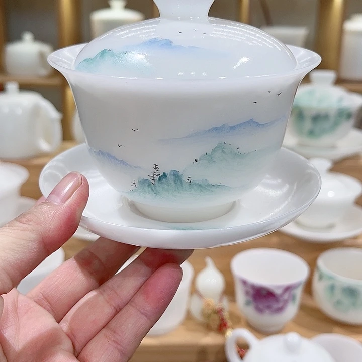 璞玉素烧手绘盖碗170