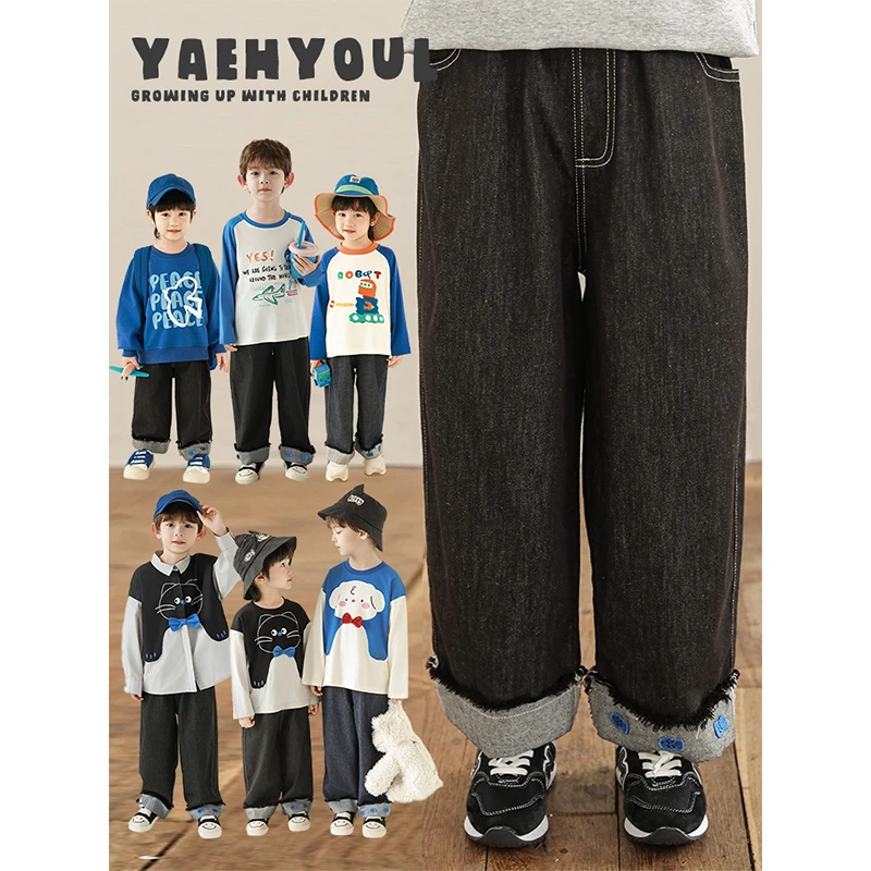 YOEHYAUL/幼悠【清货】时髦潮搭原创小鱼绣标环保软牛仔直筒裤N5813