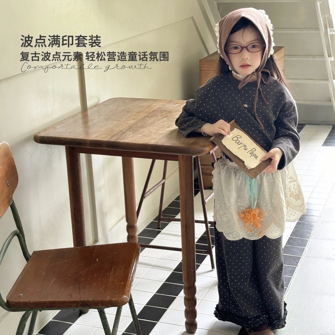 韩系25秋女童新款简约波点满印套装-83098