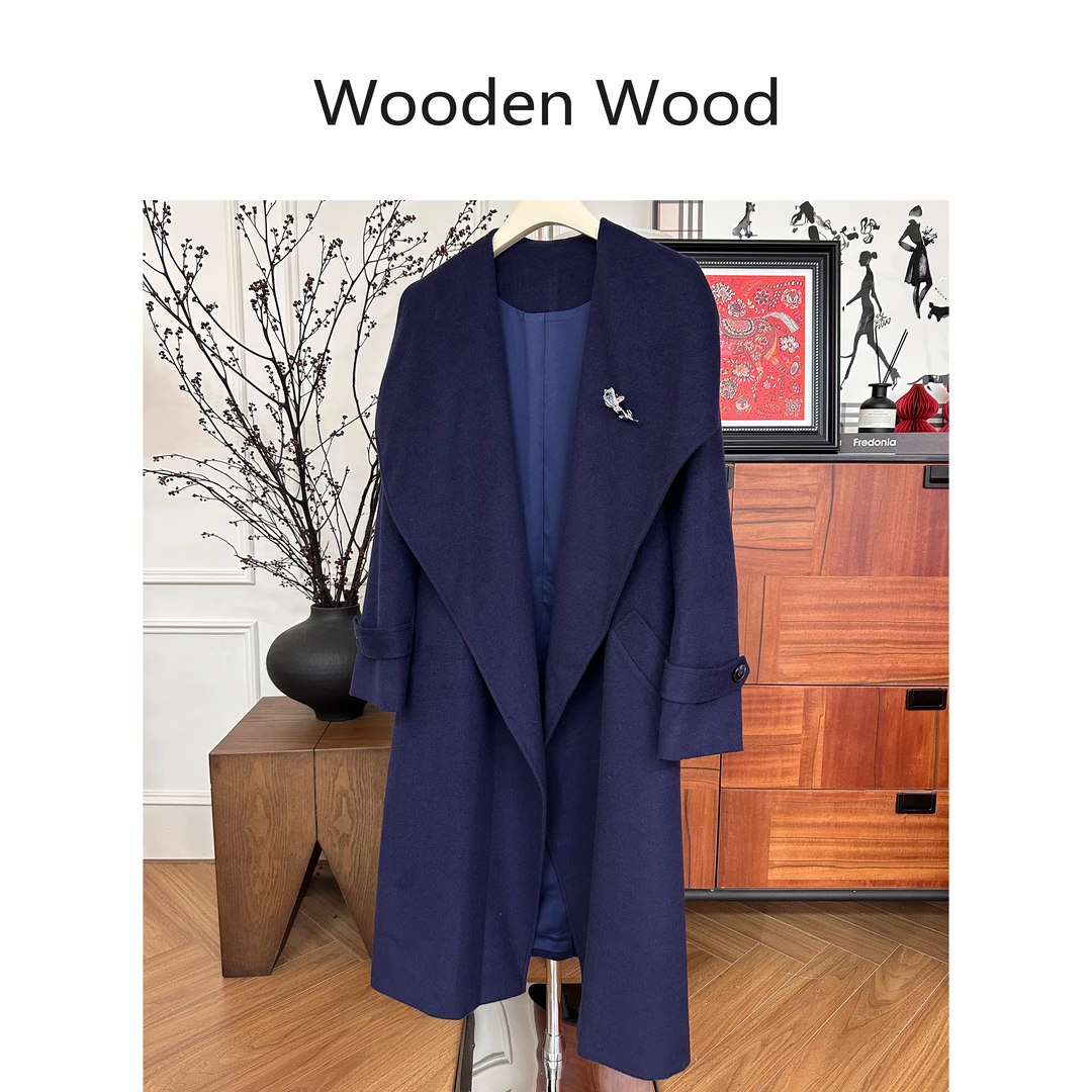 Wooden Wood“北海深蓝”秋冬季舒适保暖刺绣羊毛毛呢大衣W25QS1192