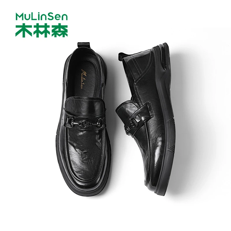 木林森男鞋秋季英伦风黑色百搭中老年爸爸皮鞋男款商务软底休闲鞋