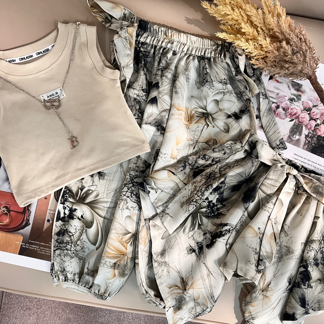 女童碎花无袖裙子套装2025夏款中小童凉爽背心束脚裤娃娃衫冰丝