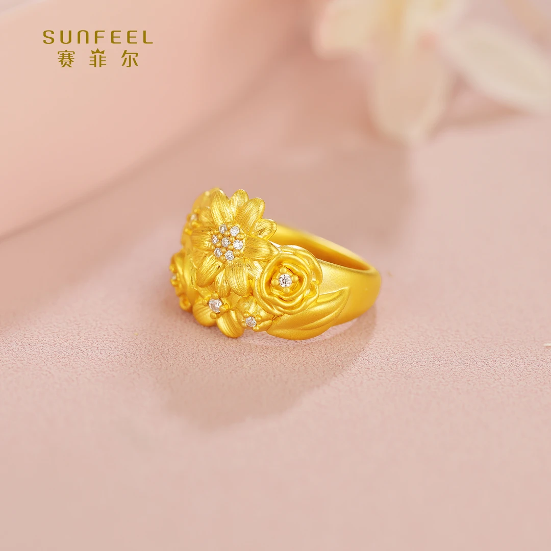 SUNFEEL/赛菲尔【授权店】足金艺术繁花镶石圈戒5DJ00219