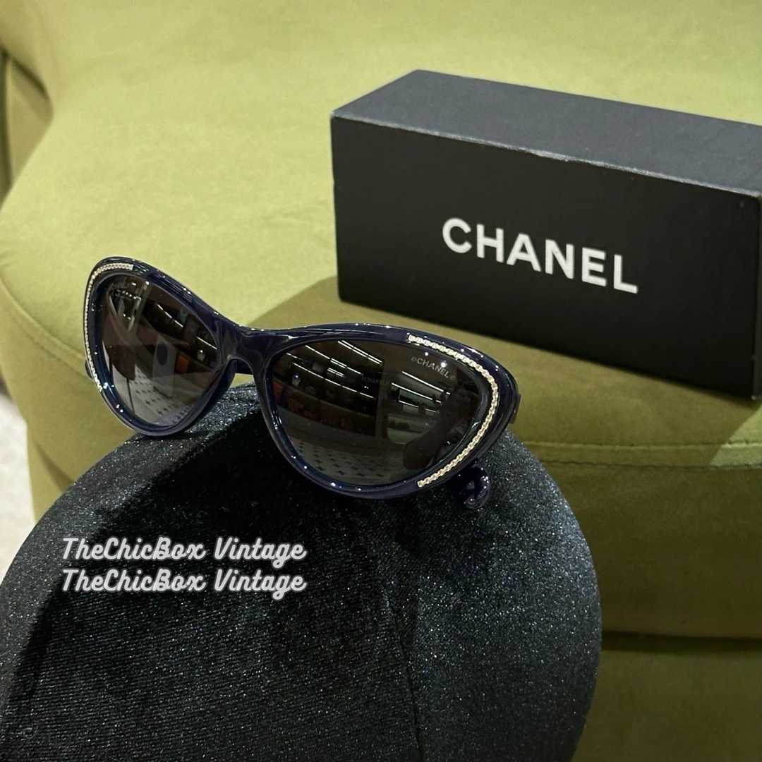 95新 Chanel/香奈儿 只盒/Chanel深蓝麦穗边猫眼墨镜