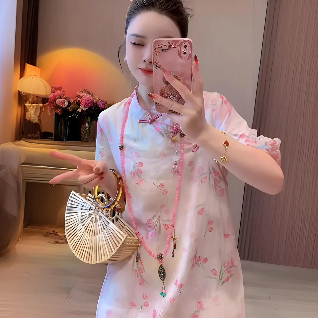 夏季新款网红爆款睡衣裙薄款气质轻奢印花短袖女神优雅精致可外穿