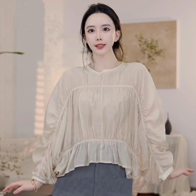 韩系高级感褶皱慵懒风宽松显瘦衬衫女简约纯色圆领长袖上衣衬衣潮