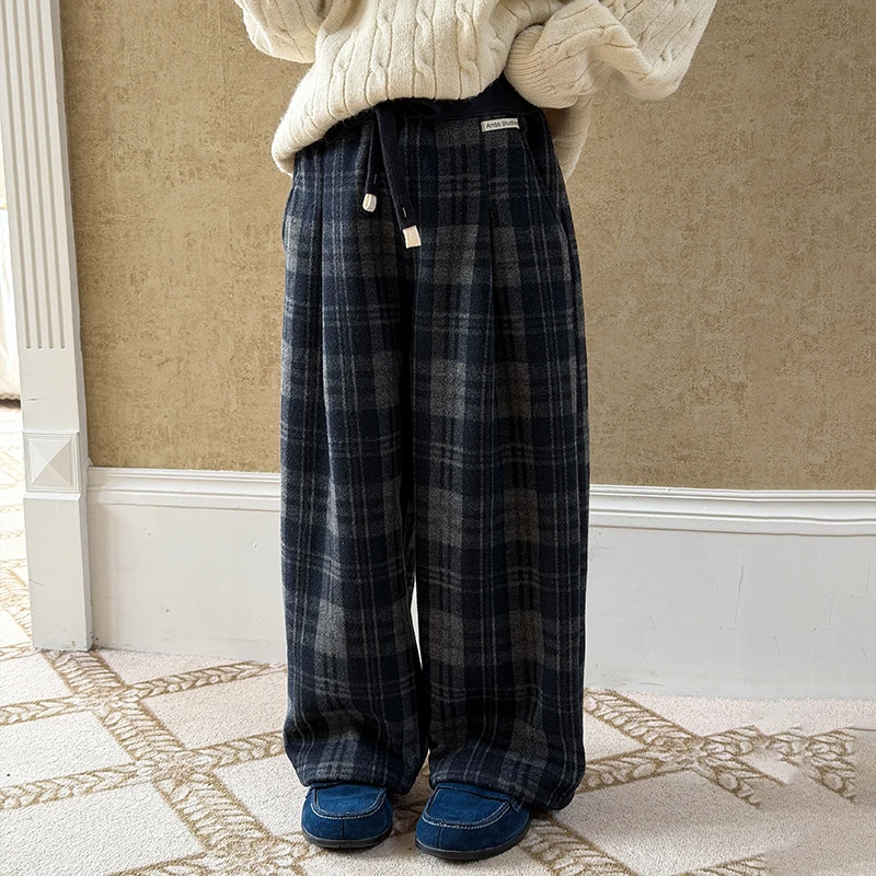 【加绒】儿童格子贴标直筒裤女童高品质好版型压褶格纹休闲裤25H067