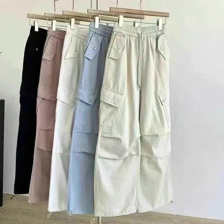 娟儿家新款韩版彩色百搭时尚松紧腰工装休闲裤女士