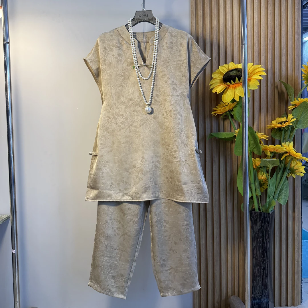 大码女装立领侧开叉盘扣国风上衣松紧腰休闲裤胖妹妹夏季款两件套